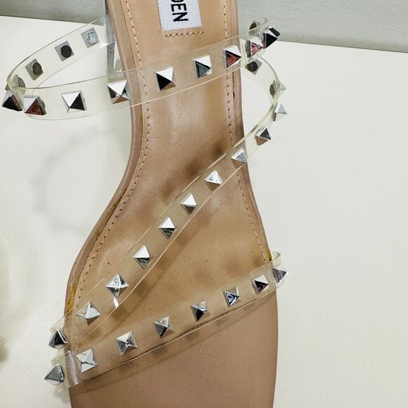Steve Madden Nude Lucite Tangent Cone Heel Clear Silver Studded Strappy Sandal 9 - Picture 5 of 16